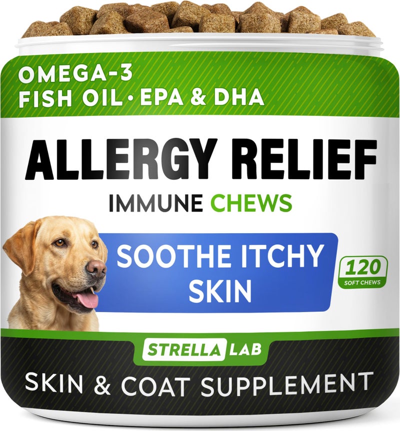 StrellaLab Dog Allergy Relief & Anti Itch Support Chews w/Omega 3: Real Ingredients, Real Taste! Skin & Coat Immune Supplement w/Fish Oil, Pumpkin & Enzymes â€” Developed by Experts - Made in USA -120Ct - Image 1